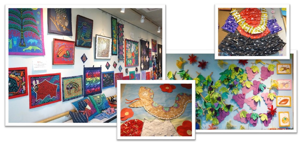 過去に展示した作品の写真。手芸作品や折り紙で作られた兜、ちぎり絵、絵手紙などが写っている。